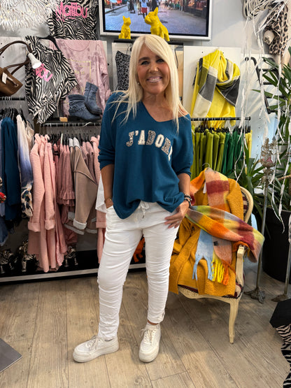 Pull j adore bleu canard