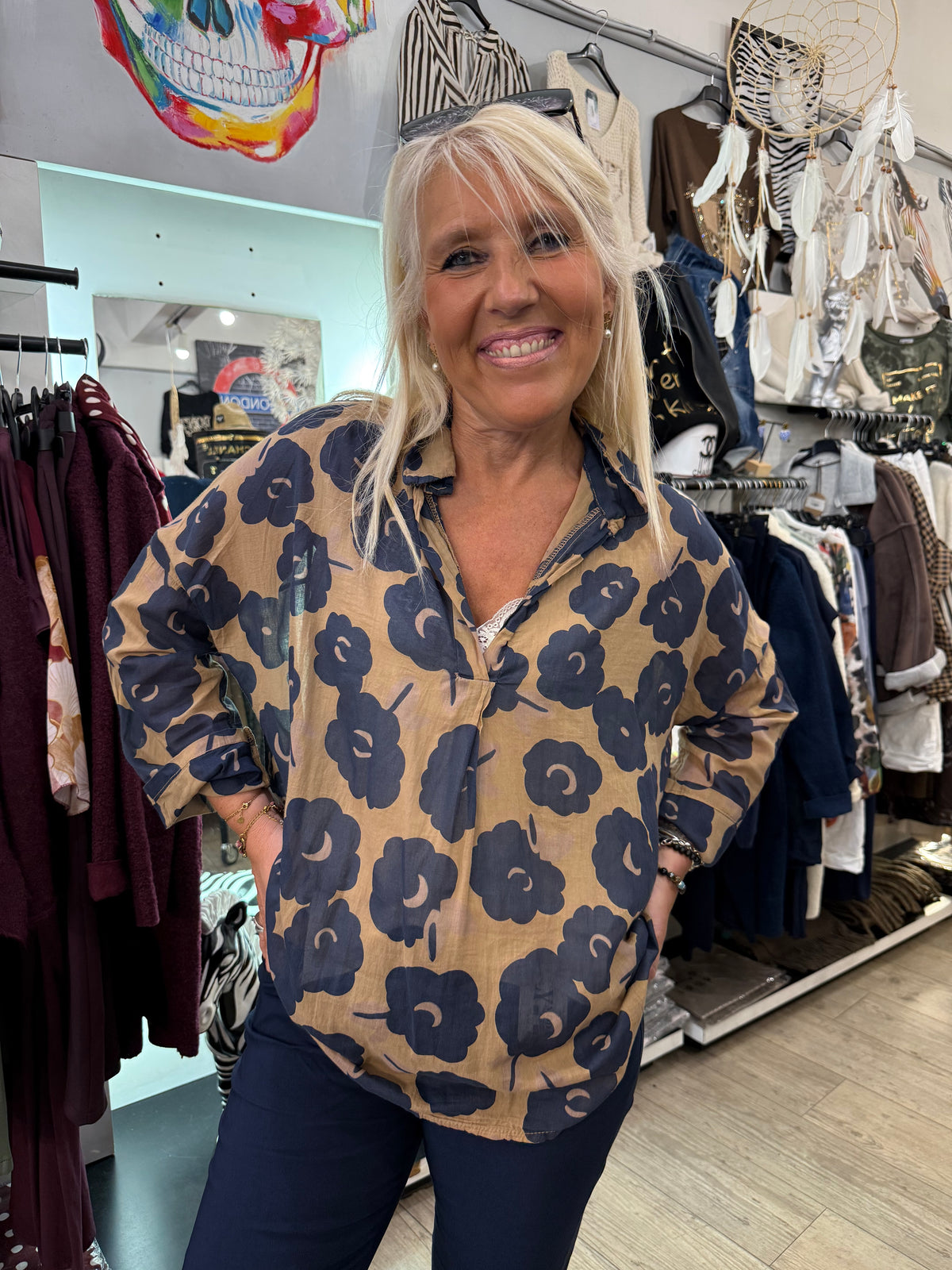 Tunique camel fleur marine